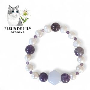 Bracelet and Earrings Pearl, Amethyst, and Blue Lace Agate  8-10mm 6.3-7 In.